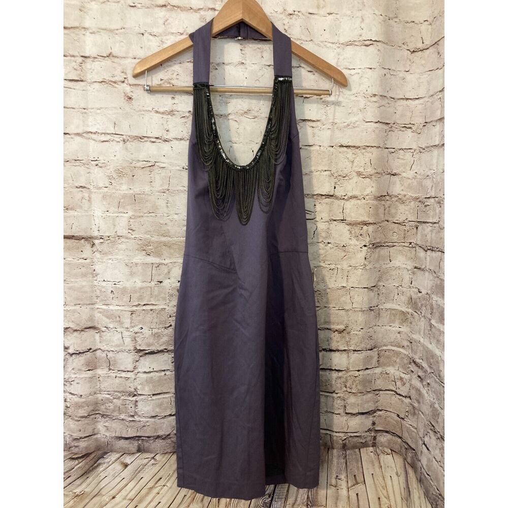 Black Halo Dress Womens 8 Halter Chain Link Fringe Deep Purple Zip‎ Open Back